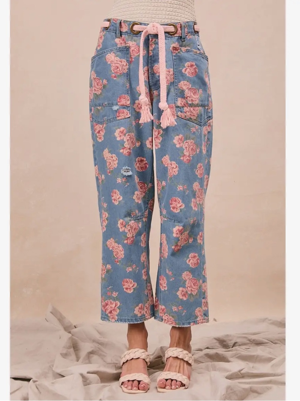 BiBi Blue Denim Ankle Floral Crop Pants with Pink Rose Print - Picture 3 of 5
